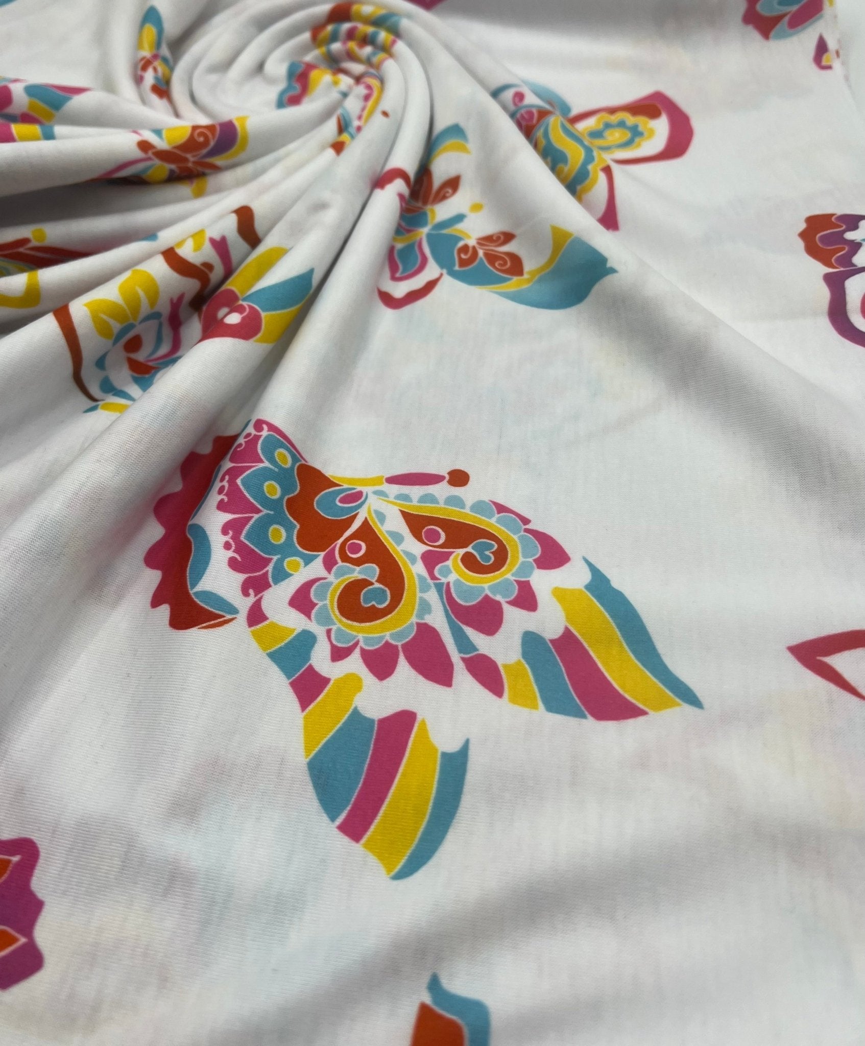 White Colourful Butterfly Print Spun Poly Stretch Fabric - T9 Fabrics